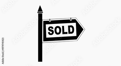 Real estate sold sign vector icon, black and white property sale arrow on post, residential house closing symbol for marketing