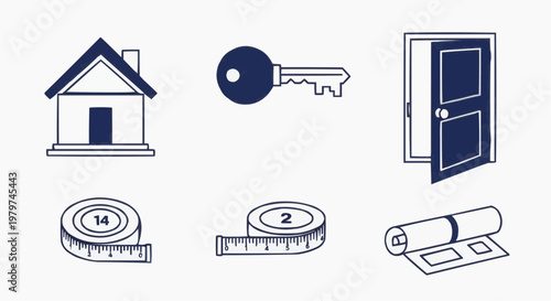 Real estate and construction icon set, dark blue house and key symbols, measuring tape and architectural blueprint vector elements for renovation