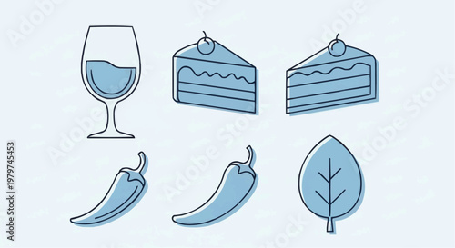 Minimalist food and drink icons set, blue line art restaurant symbols, collection of 6 vector elements including cake, wine, chili, and leaf
