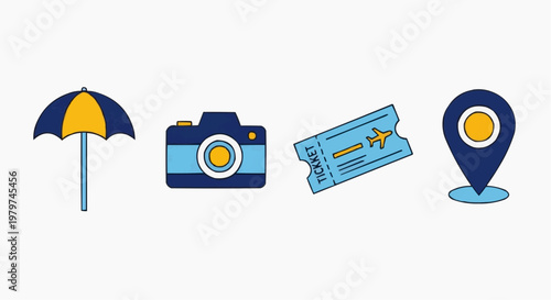 Minimalist travel icons set with beach umbrella, camera, flight ticket and map pin, flat vector vacation elements for tourism and summer holiday planning