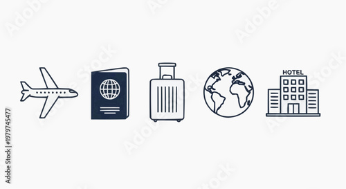 Minimalist travel icon set with airplane, passport, suitcase, globe and hotel. Linear vector symbols for tourism, vacation planning and global transportation.