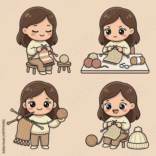 Cartoon girl knitting and crocheting with yarn