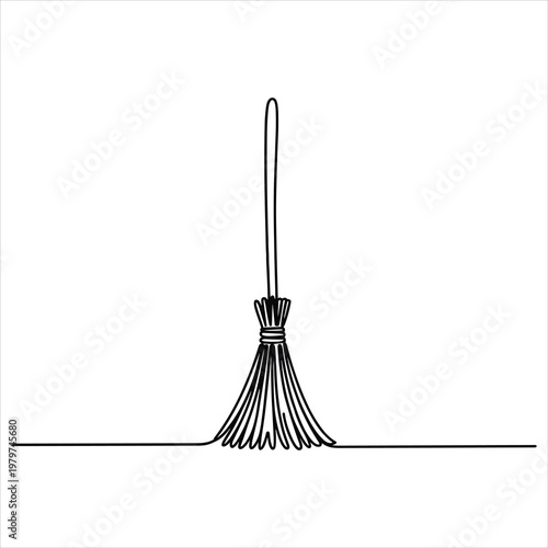 Single continuous line of a standing broom on a white background