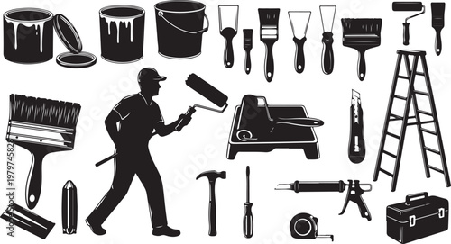 Silhouette of a painter with various tools