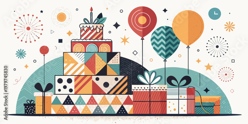 A colorful vector illustration of a birthday celebration with a cake and gifts