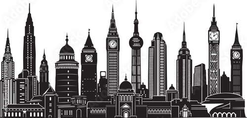 Black and white city skyline with famous landmarks