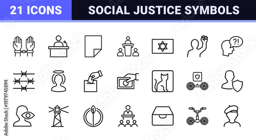 Human rights and social justice outline icons with law and peace symbols