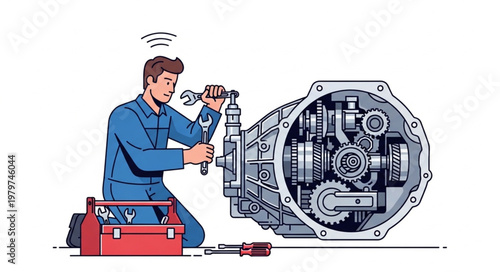Mechanic repairing complex gearbox with tools and toolbox.