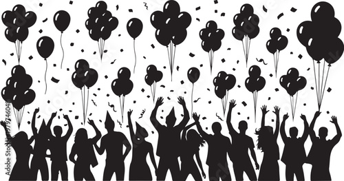 Silhouette of people celebrating with balloons and confetti