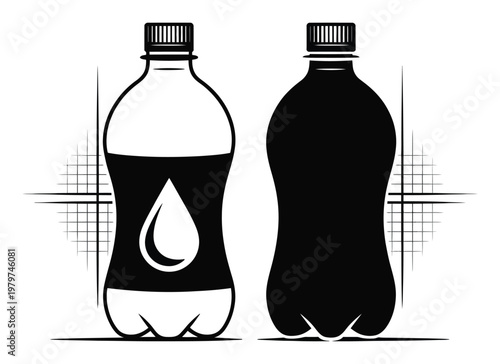 Two stylized bottles, one with a water drop against a grid background
