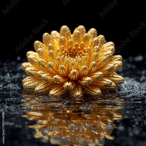 Luxury gold chrysanthemum flower with metallic glowing petals on a dark black background. Symbol of prosperity, wealth, and success in feng shui concept. 