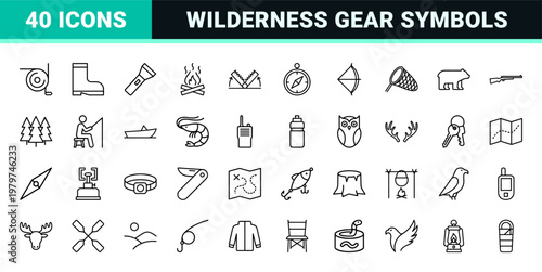 Hunting and fishing minimalist line icons with outdoor equipment and wildlife elements.
