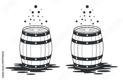 Two Wooden Barrels with Bubbles Rising from the