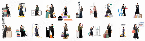 Set of flat illustrations featuring a fashionable woman using a smartphone for shopping, cashback rewards, and online retail experiences.