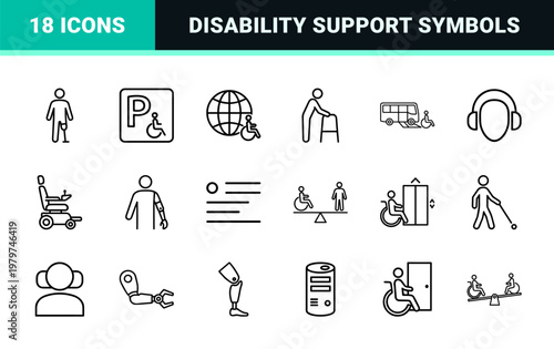 Disability accessibility line icons with wheelchair and prosthetic symbols