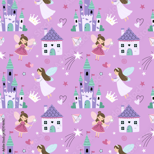 Cute seamless pattern with castle, fairies and magic elements in flat minimal style. Simple pastel kids background