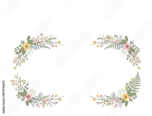 floral wreath frame with flowers and leaves on white background