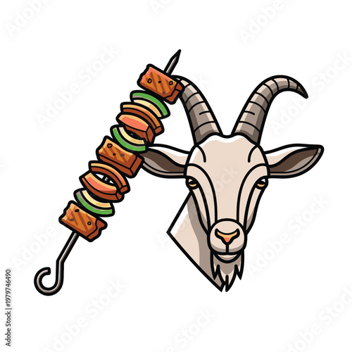 Goat head with skewered meat kebab.