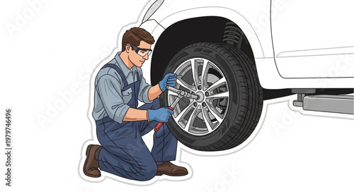 Mechanic tightening lug nuts on a car tire with a power tool.