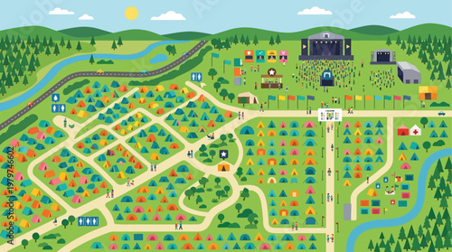 A detailed flat vector illustration showcasing an expansive aerial view of a vibrant festival campsite inspired by Glastonbury Festival.