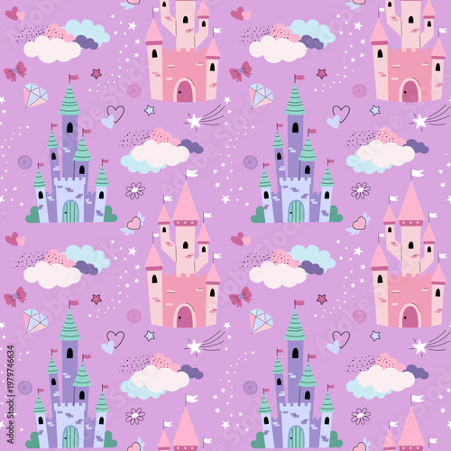 Cute seamless pattern with fairytale castles, fantasy elements, clouds, stars. Simple pastel kids background