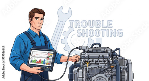 Mechanic troubleshooting engine with diagnostic tablet.