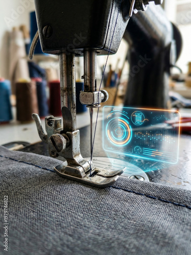 Industrial Sewing Machine with Futuristic UI Overlay