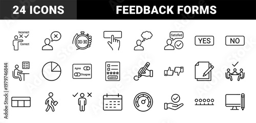 Survey and feedback line icon set for customer satisfaction and business forms