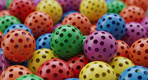 Colorful spheres with holes in a pile create a vibrant artistic background