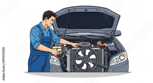 Mechanic Inspecting Car Engine Under Open Hood.