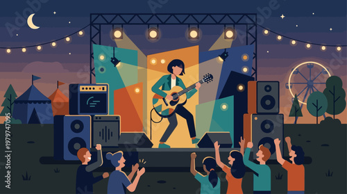 A captivating flat vector illustration of a live music performance on a festival side stage at night, inspired by the Glastonbury Festival atmosphere.