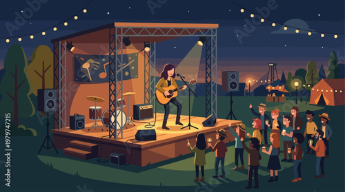 A captivating flat vector illustration of a live music performance on a festival side stage at night, inspired by the Glastonbury Festival atmosphere.