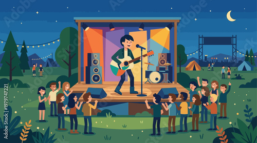 A captivating flat vector illustration of a live music performance on a festival side stage at night, inspired by the Glastonbury Festival atmosphere.