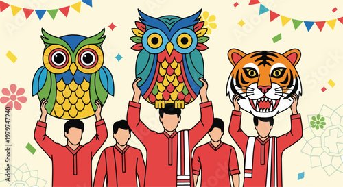 Five men in traditional red attire holding up colorful owl and tiger masks during a festive cultural celebration with decorative buntings and confetti.