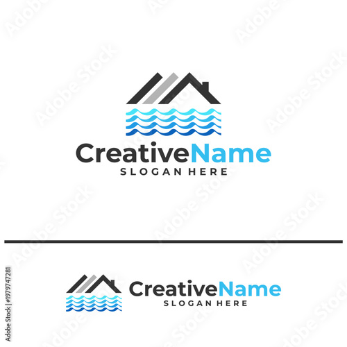 House with waves logo design concept. Beach resort villa logo design vector template