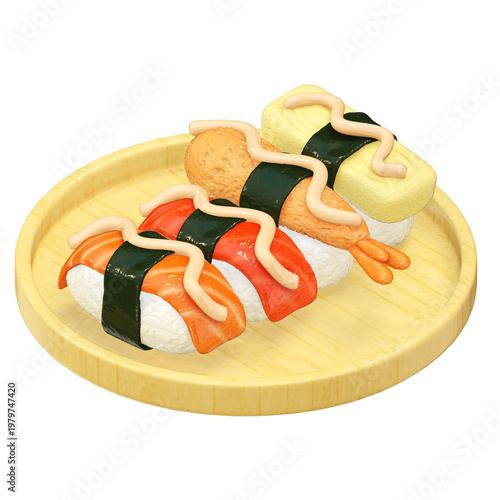 Asian food sushi nigiri 3d icon seafood bamboo plate with salmon tuna shrimp egg and rice wrapped with seaweed topped with sauce for appetizing menu design