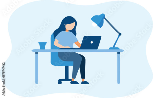 Businesswoman working on laptop, office workspace illustration, woman at desk, remote work concept, flat design