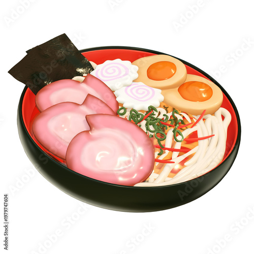 Ramen noodle bowl soup egg pork seaweed garnish asian food 3d icon on transparency background with udon texture sliced meat fish cake scallion chili topping