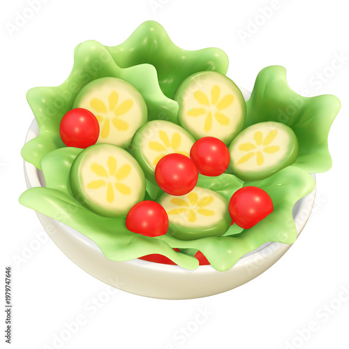 Asian food 3d icon salad bowl lettuce cucumber tomato vegetable garnish on transparency background fresh appetizer concept for menu interface sticker healthy diet graphic