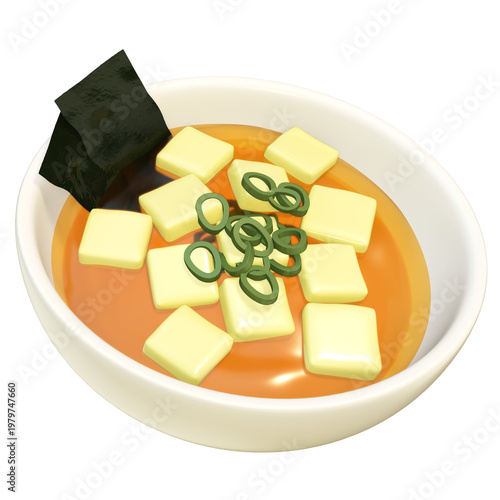 Asian food soup miso tofu bowl 3d icon featuring creamy broth with tofu cube scallion and seaweed in ceramic dish clean background for menu application or sticker design