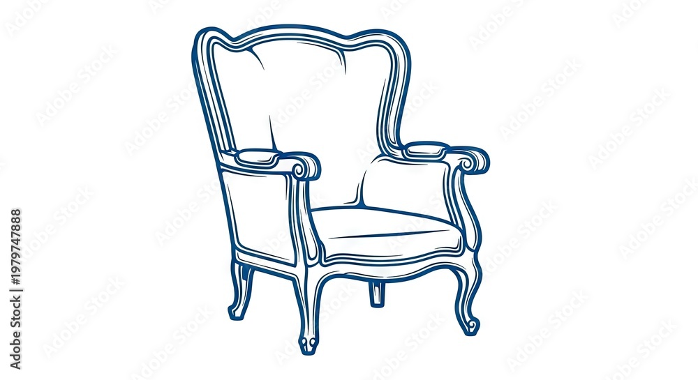 Fototapeta premium Elegant wingback chair illustration blue line art design on white background