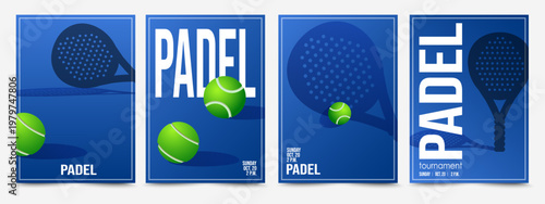Modern Padel tennis poster set. Padel rackets and green ball with long shadows. Sports competition invitation background for tournament. Sporty aesthetic for poster, card, cover.