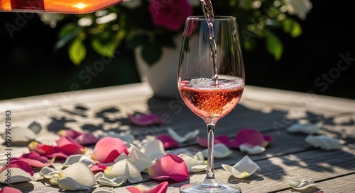 Elegant pouring of rose wine into a glass with floral background