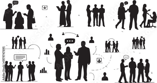 Silhouettes of people communicating and interacting in business settings