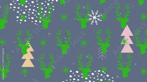 Christmas tree icons and snow falling over green reindeer and snowflakes icons in seamless pattern