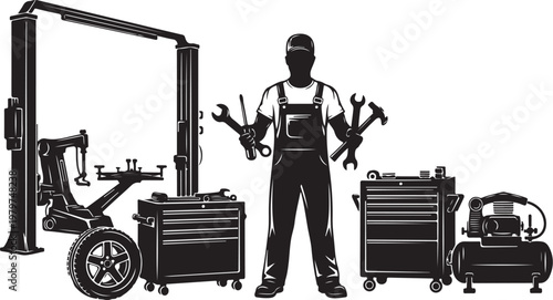 Mechanic standing with tools and equipment in garage setting