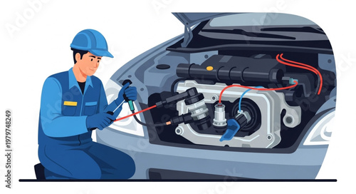 Mechanic Inspecting Car Engine with Tools.