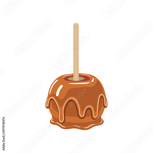 Caramel candy apple on stick sweet.