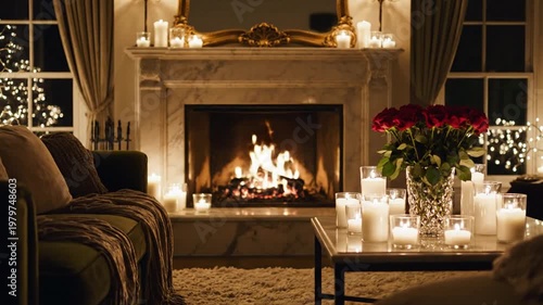 Cozy living room with fireplace, candles, and red roses at night