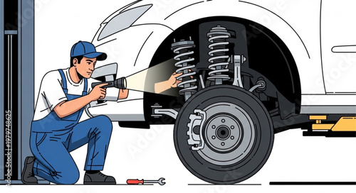Mechanic Inspecting Car Suspension System Underneath Vehicle.